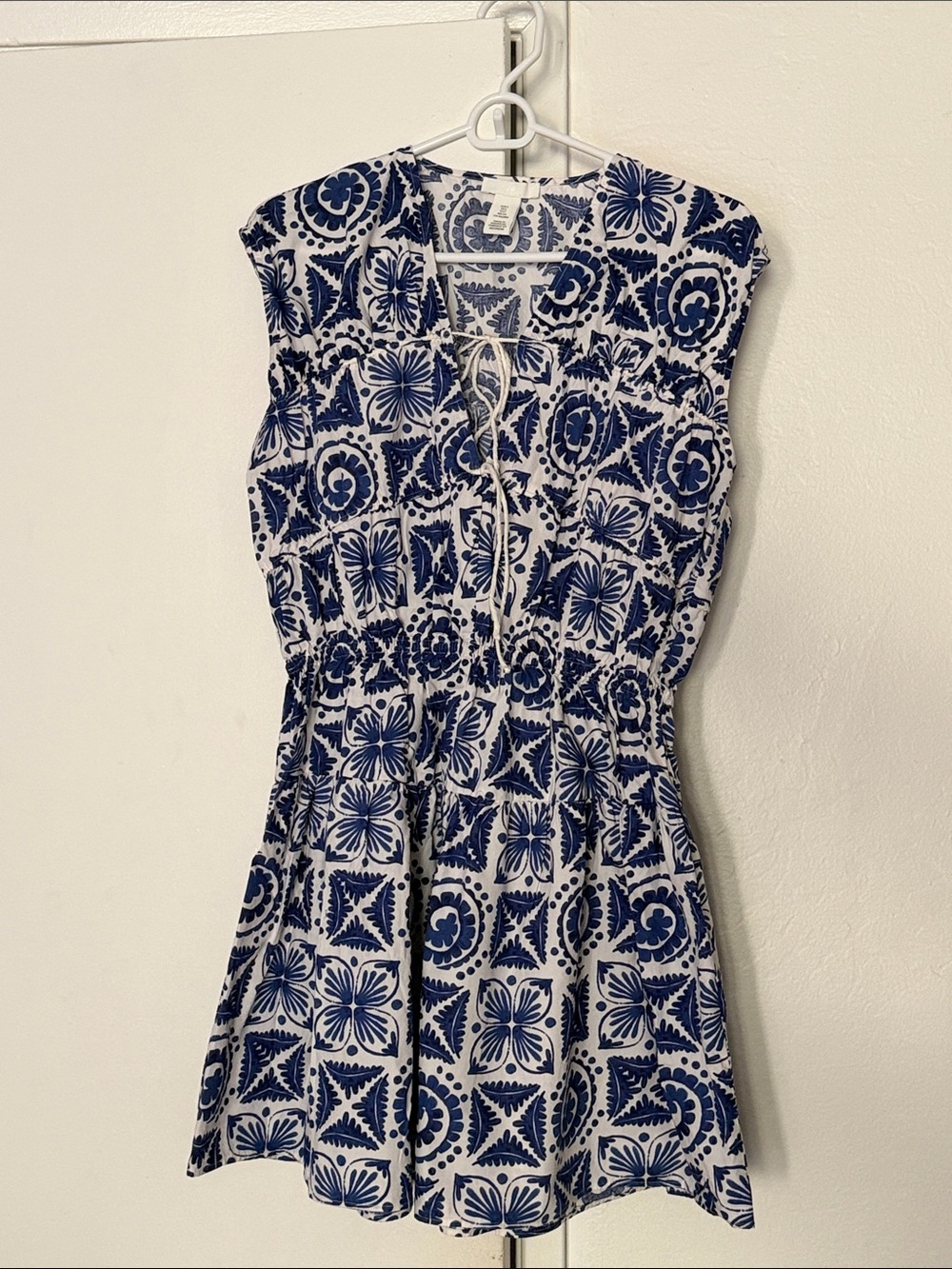 H&M White & Navy Blue Patterned Cotton Dress